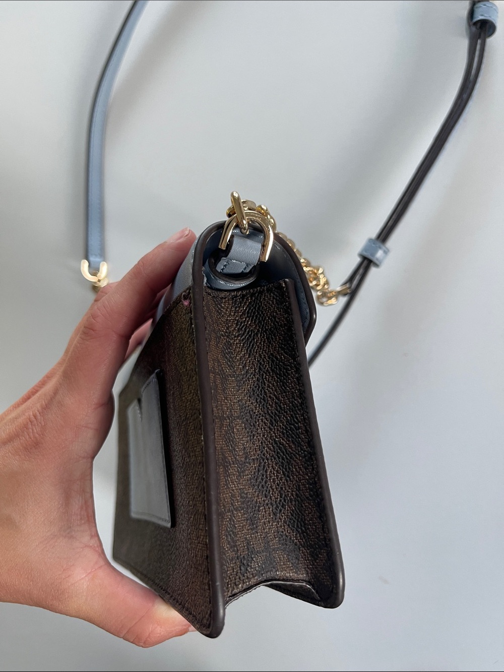 Michael Kors Two-Tone Envelope Crossbody in Light Blue and Brown - Picture 8 of 13